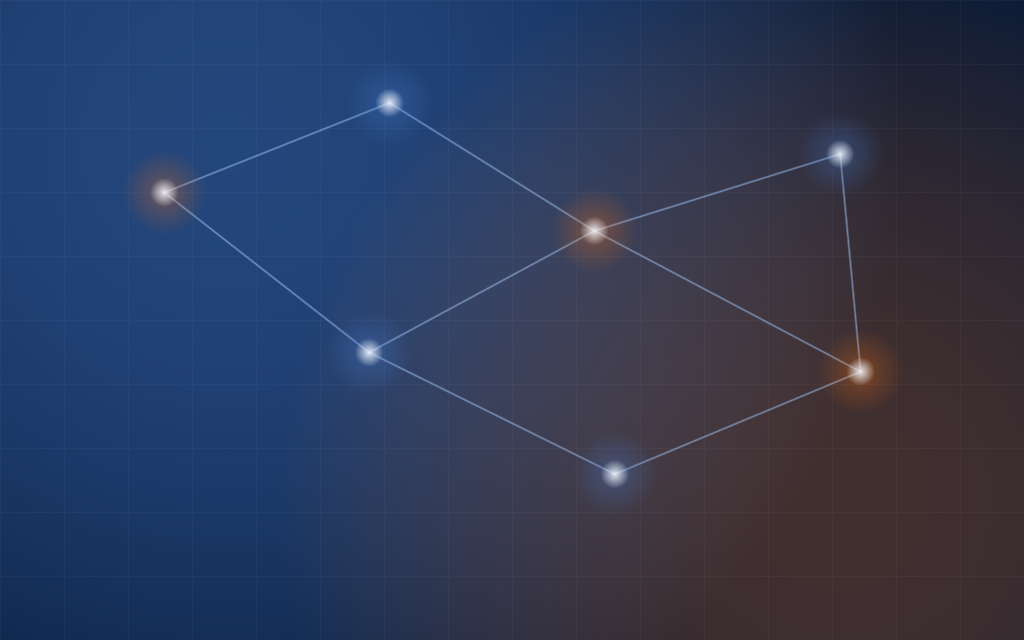 Abstract illustration of connected systems — nodes and data flows linking website, marketing, CRM and automation